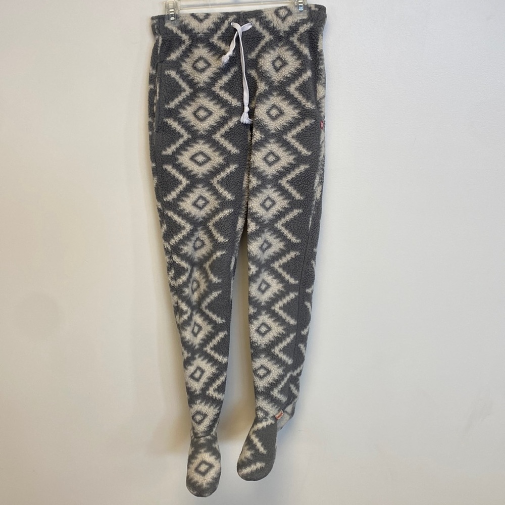 feejays, size XS grey and ivory fleece pj pants with feet adult footed pajamas